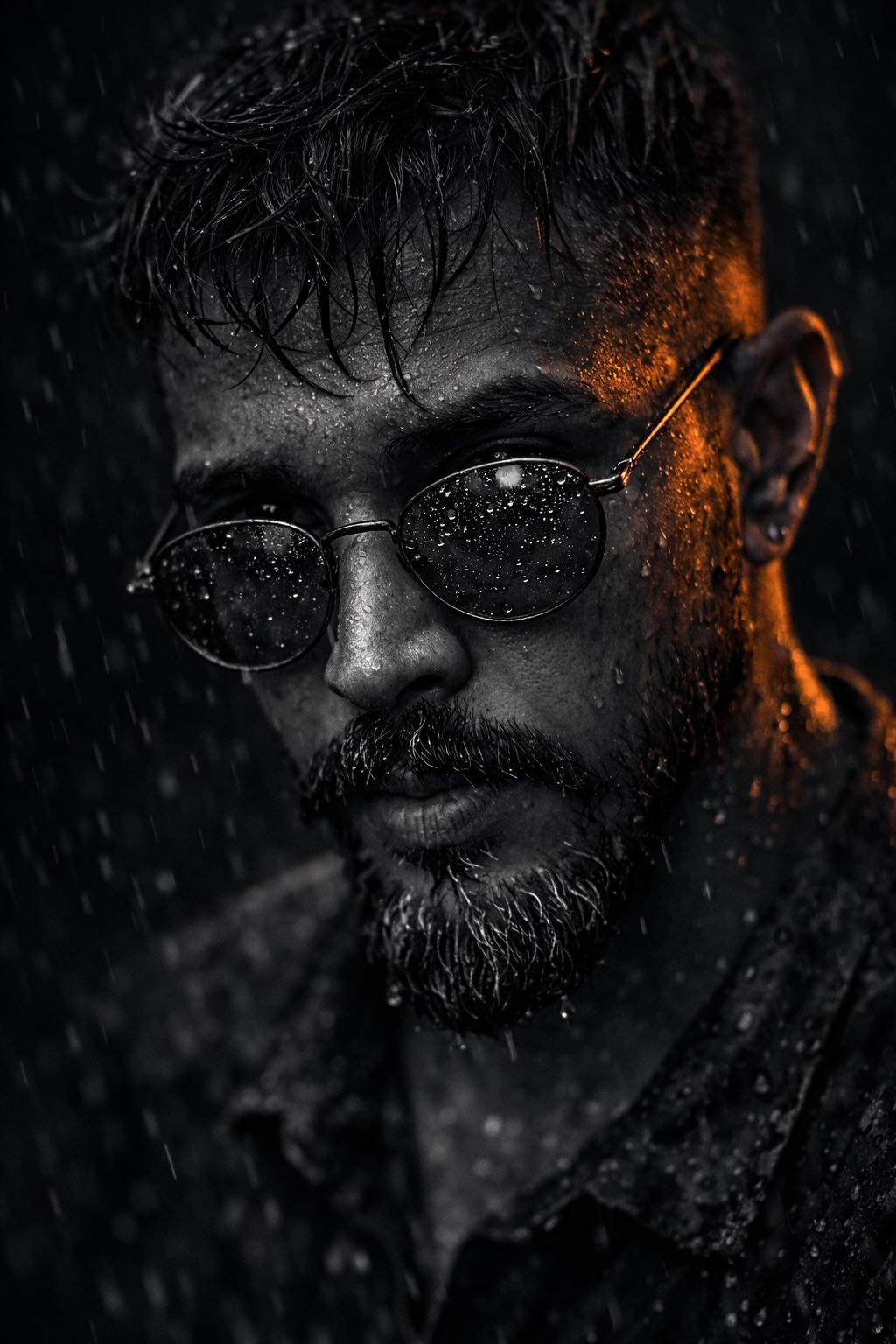 Rain-Soaked Noir Sunglasses Portrait | AI Prompt