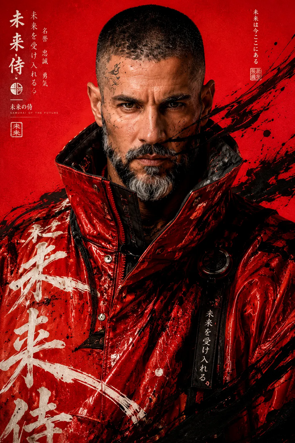 Cyberpunk Samurai Red Jacket Portrait Poster | AI Prompt