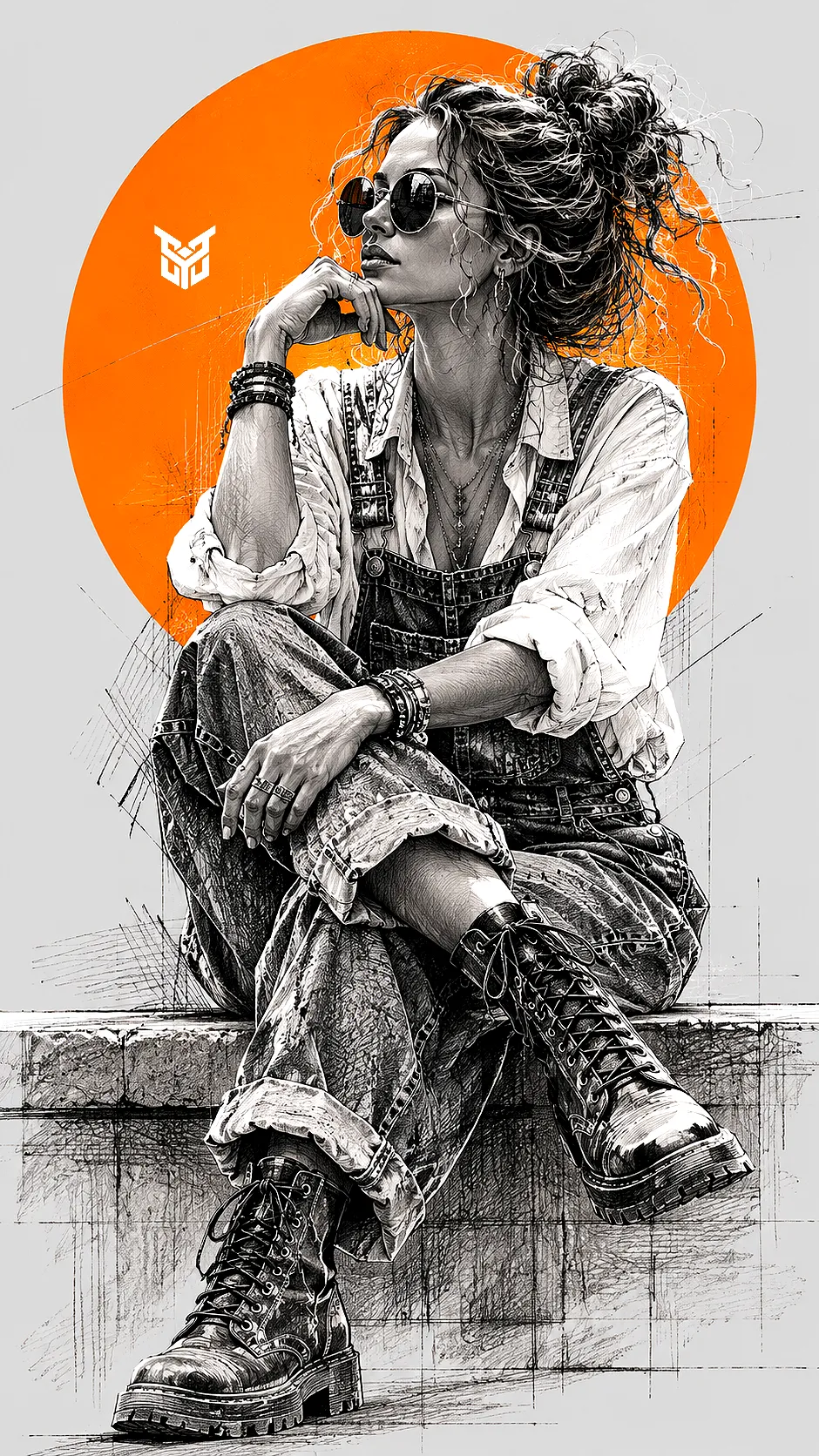 Orange Circle Sketch Portrait Illustration | AI Prompt
