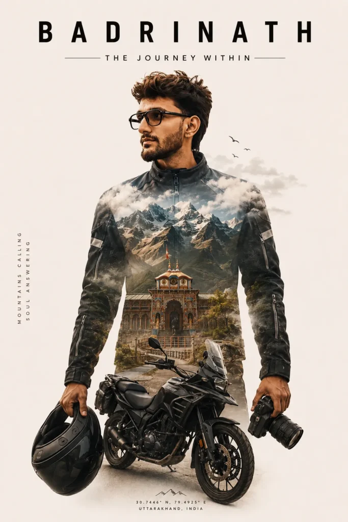 Minimalist Double Exposure Badrinath Travel Poster Prompt | AI PROMPT