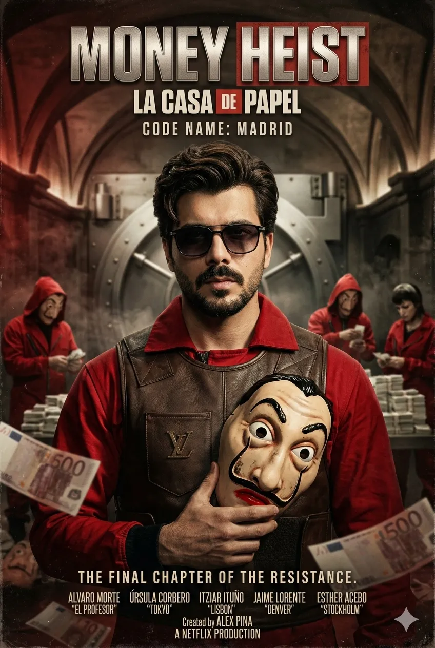 Money Heist Style Cinematic Heist Leader Poster | AI Prompt