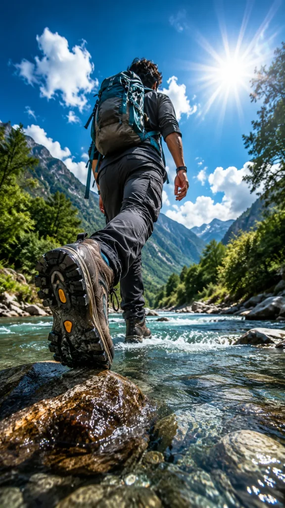 Mountain River Trekker Low-Angle Adventure Portrait | AI Prompt