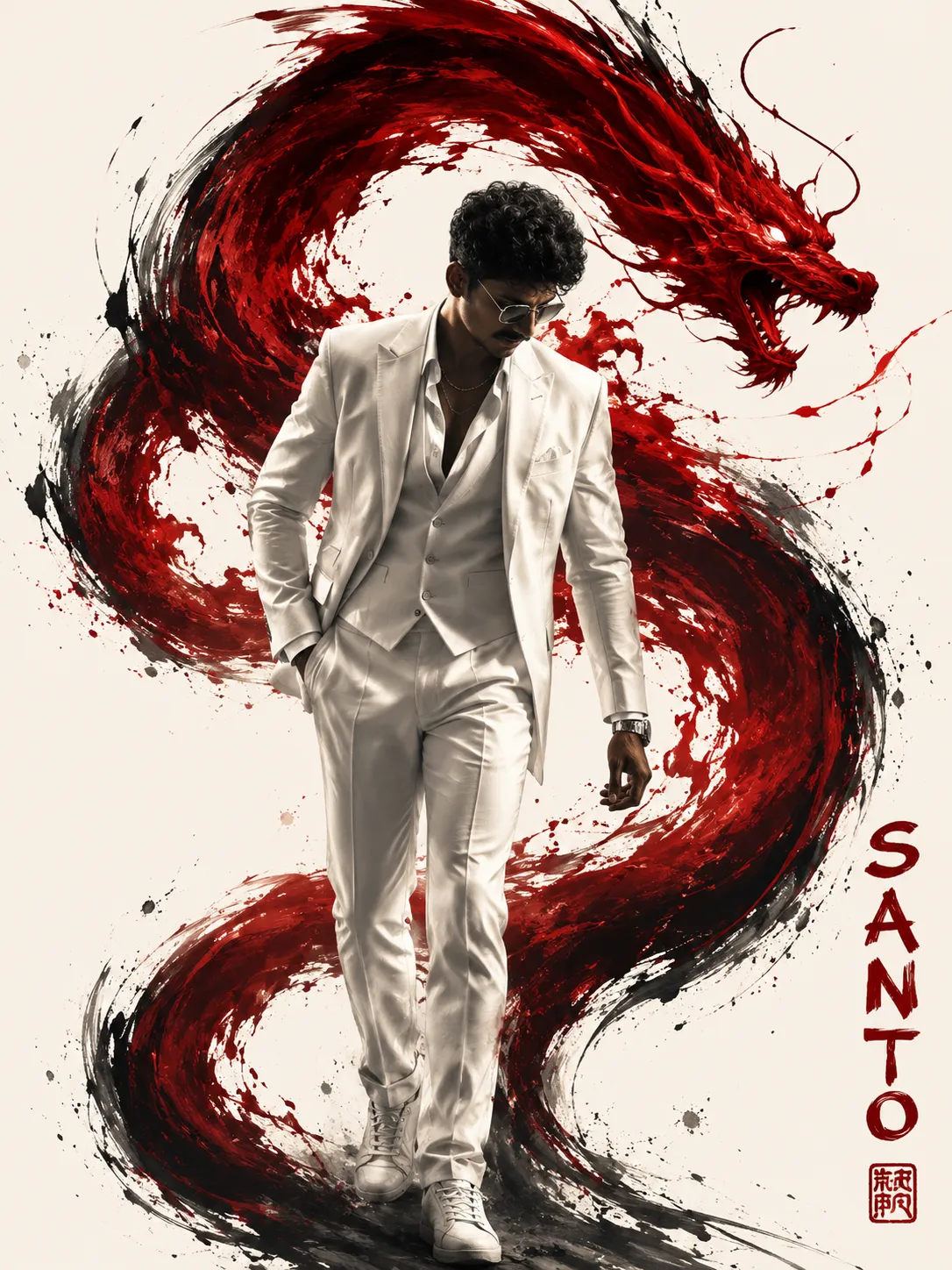 Red Dragon Noir Suit Editorial Portrait | AI Prompt